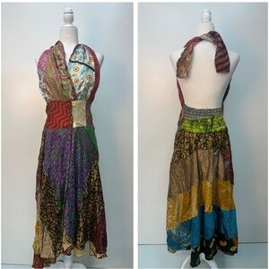 BOHO Handmade Patchwork Silk Indian Sari Asymmetric Dress Size Adjustable Med-L